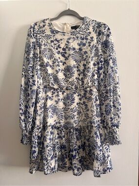 Aqua Cream and Blue Floral Long-Sleeve Tiered Dress